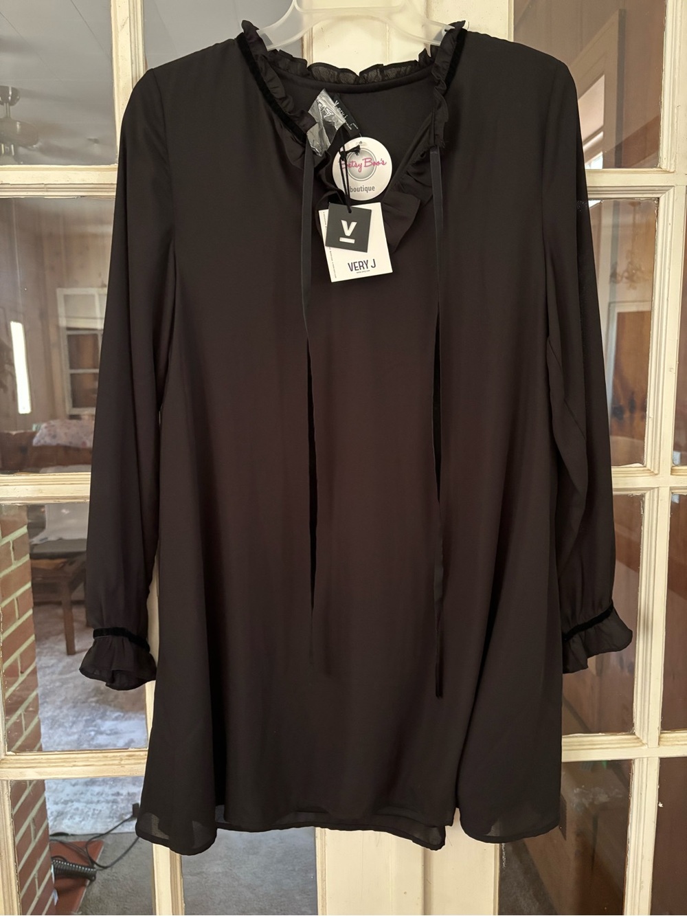 Very J Black Long-Sleeve Ruffle-Tie Neck Blouse Dress